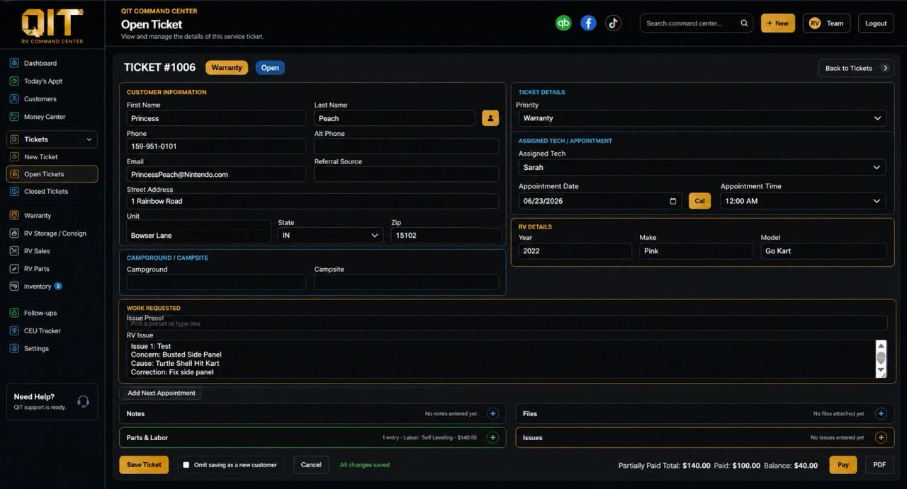 Open service ticket in QIT RV Command Center